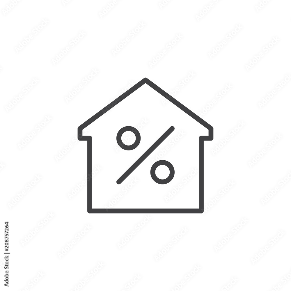 House and percent outline icon. linear style sign for mobile concept and web design. Mortgage, home simple line vector icon. Symbol, logo illustration. Pixel perfect vector graphics House and percent outline icon. linear style sign for mobile concept and web design. Mortgage, home simple line vector icon. Symbol, logo illustration. Pixel perfect vector graphics