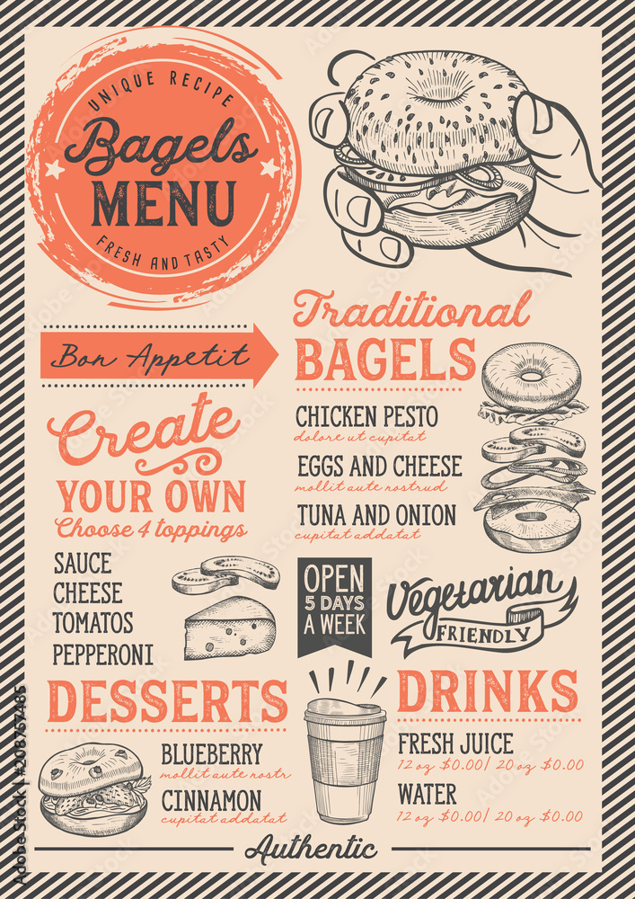 Bagels restaurant menu. Vector sandwich food flyer for bar and cafe. Design template with vintage hand-drawn illustrations. Bagels restaurant menu. Vector sandwich food flyer for bar and cafe. Design template with vintage hand-drawn illustrations.