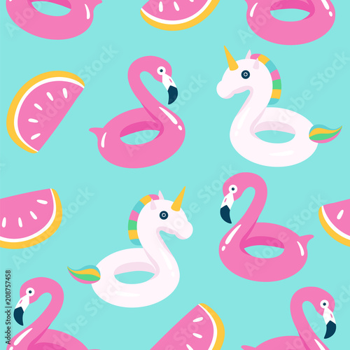 Summer pool floating with flamingo and unicorn. Seamless pattern. Vector illustration.
