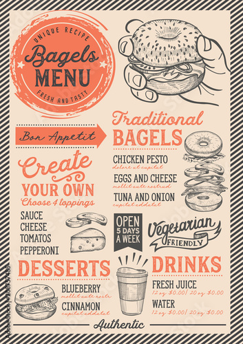 Bagels restaurant menu. Vector sandwich food flyer for bar and cafe. Design template with vintage hand-drawn illustrations.