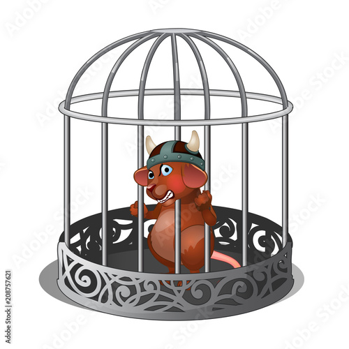Mouse in the cage bares his teeth isolated on white background. Vector illustration.