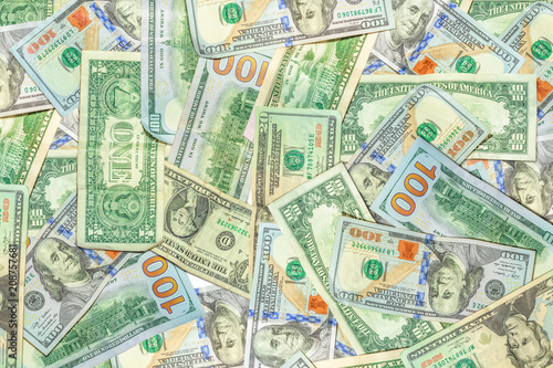 American banknotes background of dollars of America, USD currency. Financial colorful background.