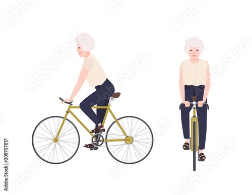 Old woman, grandmother or granny riding bike. Female cartoon character on bicycle. Pedaling elderly cyclist isolated on white background. Leisure activity. Front and side views. Vector illustration.