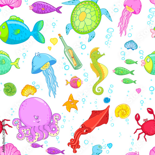 Underwater world. Bright and colorful seamless pattern of sea fauna. Cartoon ocean creatures. Fishes, jelly fish, shells, octopus, crab, seaweed, coral, sea horse and starfish.