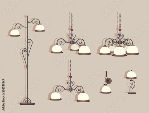 Set of six luxury lamps with forging. Chandeliers, floor lamps and sconces on light background.