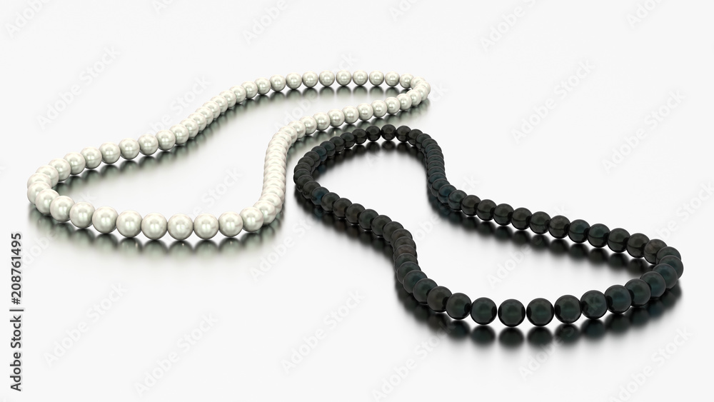 3D illustration two white and black pearl necklaces beads 3D illustration two white and black pearl necklaces beads