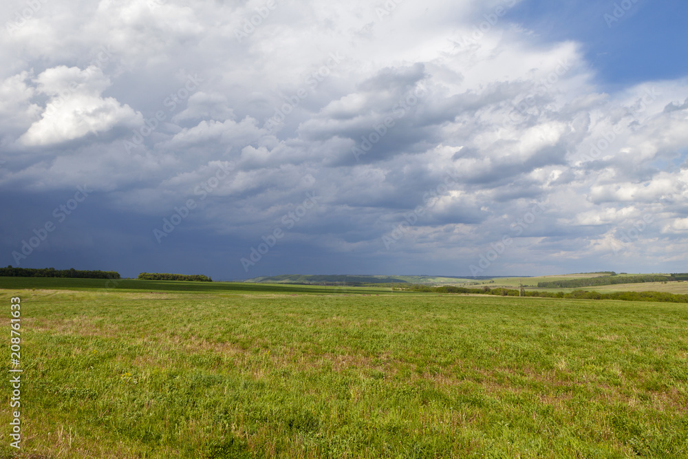 Green field and blue sky. Beautiful view of the grass and the hills on a sunny summer day.