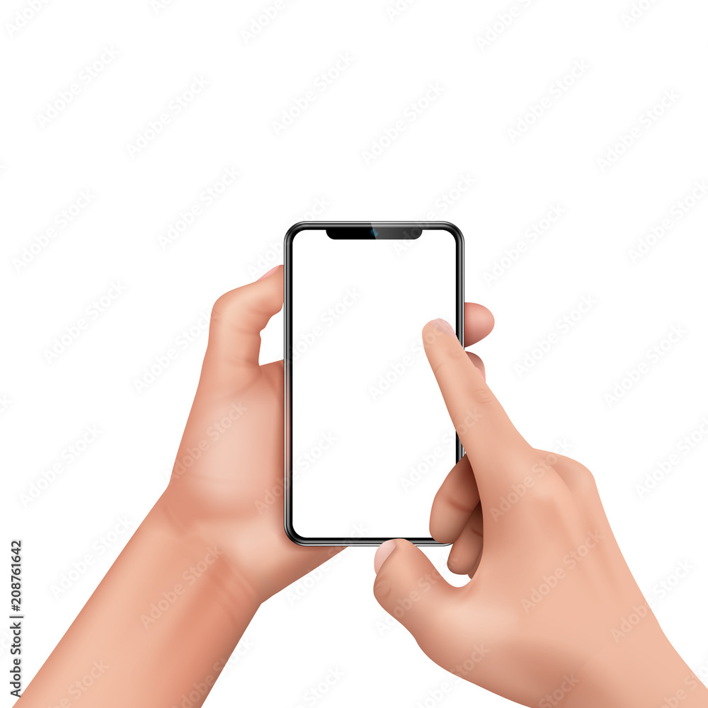 Vector 3d realistic human hand holding smartphone and touching screen ...