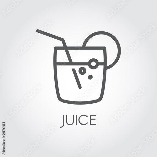 Glass with juice, straw and lemon or lime slice. Icon in linear style. Abstract drink, lemonade or cocktail graphic web label. Food contour series. Vector illustration