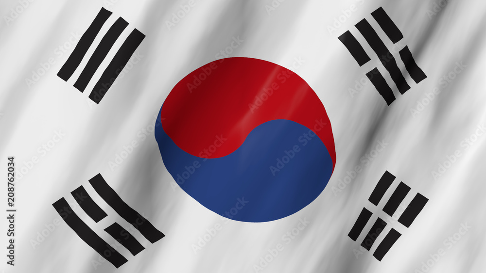 The South Korea flag in 3d, waving in the wind, on close. The South Korea flag in 3d, waving in the wind, on close.