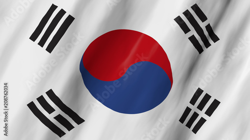The South Korea flag in 3d, waving in the wind, on close.