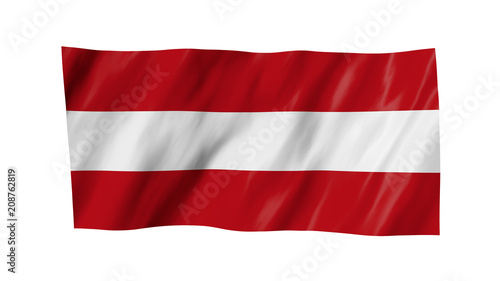 The Austrian flag in 3d, waving in the wind, on white background.