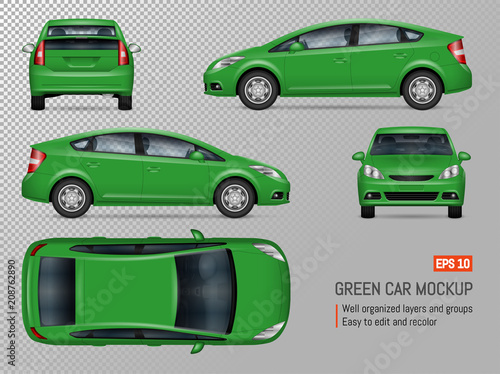 
Green car vector mockup on transparent background for vehicle branding, corporate identity. View from side, front, back, top.