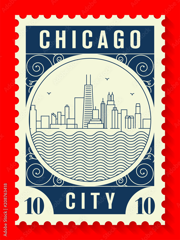 Fototapeta premium Chicago City Line Style Postage Stamp Design