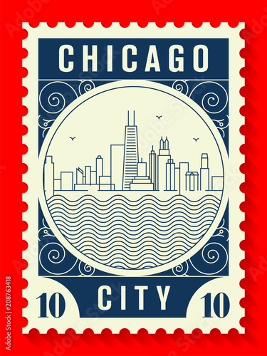 Chicago City Line Style Postage Stamp Design