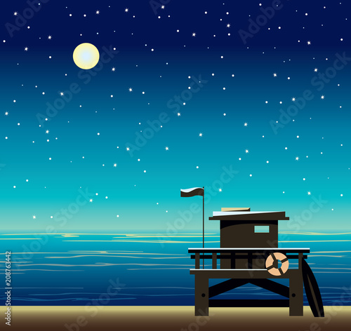 Lifeguard station, sea, night sky and beach.