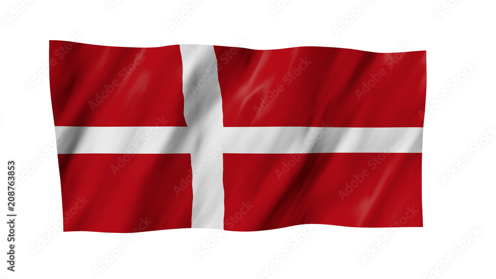 The Danish flag flag in 3d, waving in the wind, on white background. The Danish flag flag in 3d, waving in the wind, on white background.