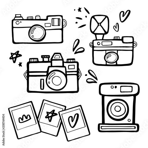 Set of handdrawn retro photo cameras illustrutions. Vintage photo cameras icons