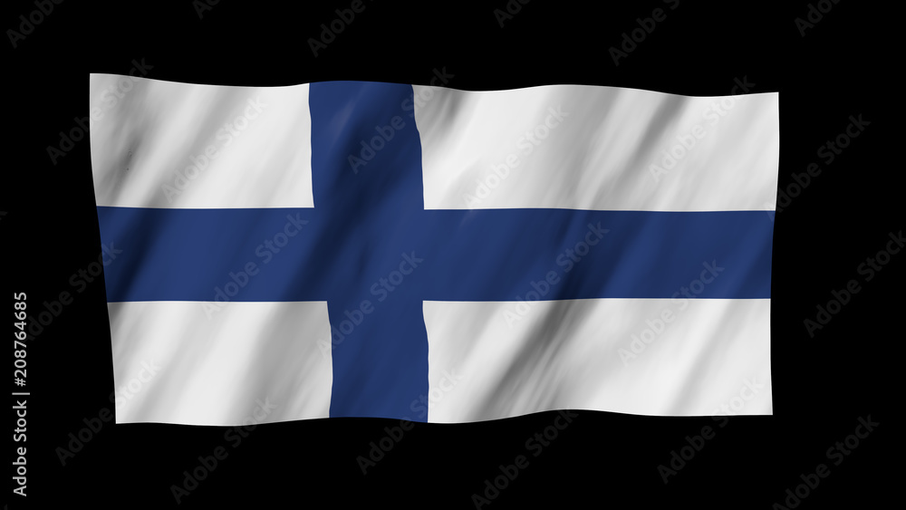 The Finnish flag flag in 3d, waving in the wind, on black background.
