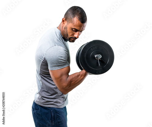 Strong handsome sport man making weightlifting on isolated white background