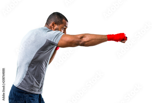 Strong sport man with boxing tapes fighting on isolated white background