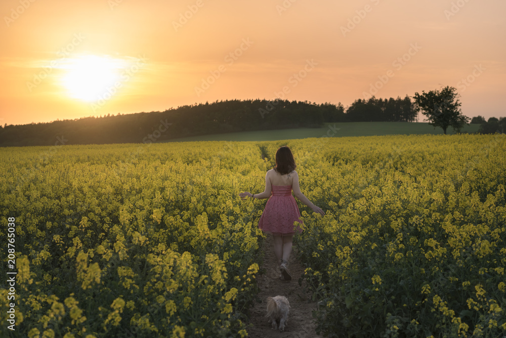 Fototapeta premium Woman wandering on a footpath in a rapeseed field