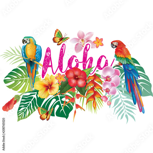Tropical Flowers, Flamingoes and Parrots