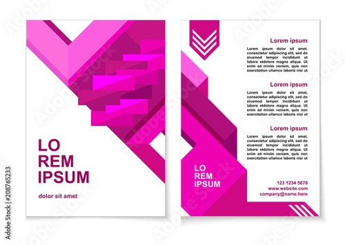 Template design of flyer, brochure, cover, poster. Vertical background with abstract forms. Layout  front and back of leaflet with bright purple diagonal block construction. Vector illustration
