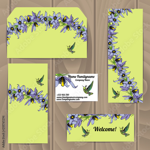 Templates with floral decoration and colibri bird.
