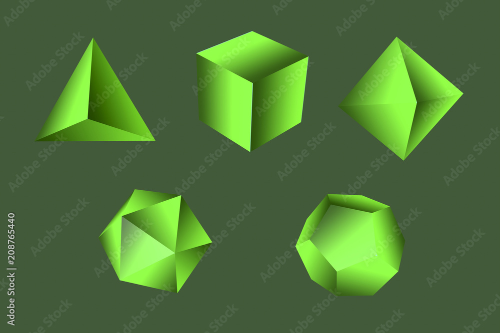 Geometric figures tetrahedron, hexahedron, octahedron, icosahedron and dodecahedron isolated on green background. Platonic solids. Geometric figures tetrahedron, hexahedron, octahedron, icosahedron and dodecahedron isolated on green background. Platonic solids.