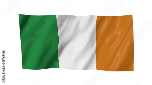 The Irish flag in 3d, waving in the wind, on white background.