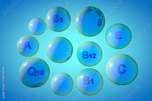 Transparent vitamin A, C, E, B1, B6, B12 and coenzyme Q10 pills on colorful background. Vitamin and mineral complex. 3d illustration