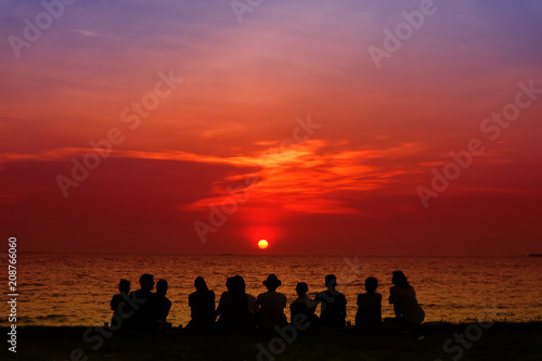 silhouette family look last light sunset sky on the beach