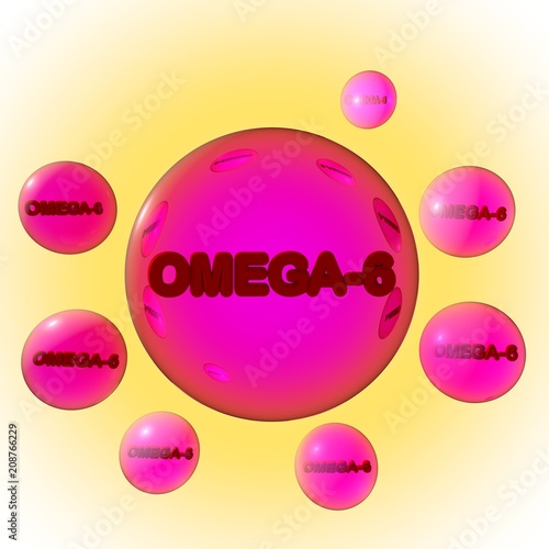 Transparent pink omega-6 pills on yellow background. Vegetable oil capsules. Polyunsaturated fatty acids. Vitamin and mineral complex