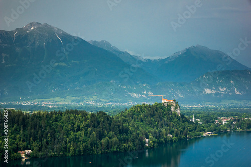 View from the top of Ojstrica to Lake Bled on a spring sunny day, Slovenia