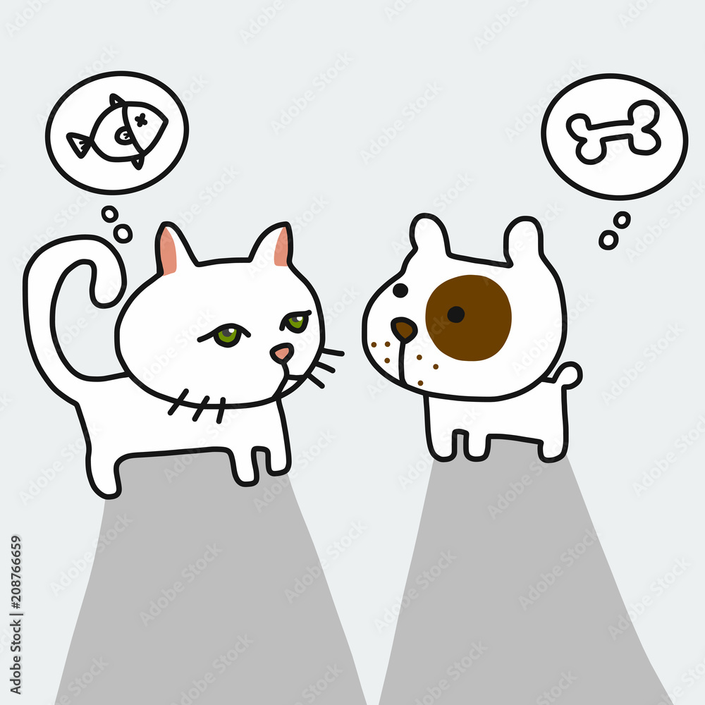 Dog and cat thinking of food their love cartoon vector illustration doodle style Dog and cat thinking of food their love cartoon vector illustration doodle style