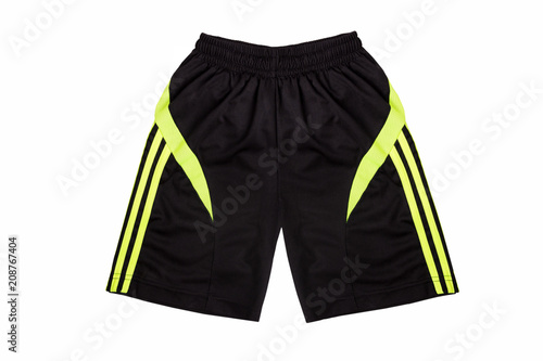 Black sports shorts with stripes on the sides, shorts isolated on the white background