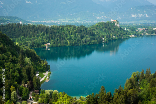 View from the top of Ojstrica to Lake Bled on a spring sunny day, Slovenia