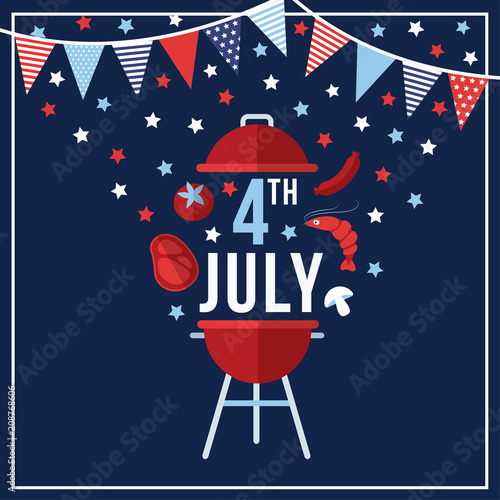 Happy Independence day, 4th July national holiday. Festive greeting card, invitation with bunting flags decoration, barbecue food symbols and stras in USA flag colors. Vector illustration background