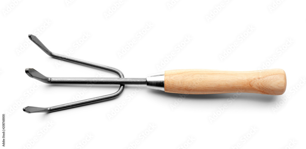 Metal rake for gardening on white background Metal rake for gardening on white background