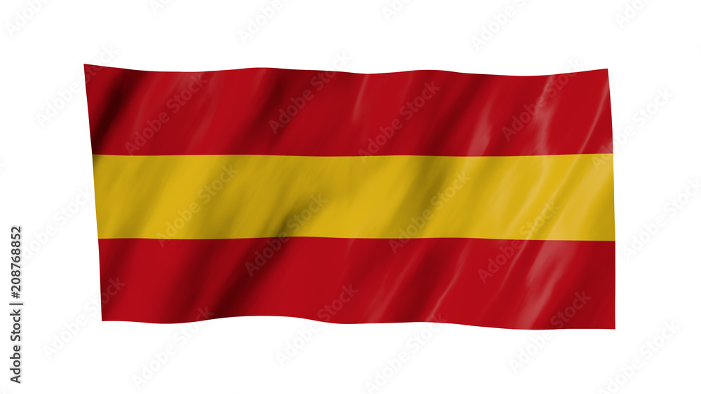 The Spain flag in 3d, waving in the wind, on white background.