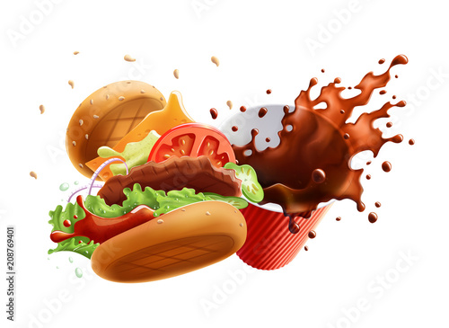 Flying Burger and Coffee Cup with Splash. Isolated on White Background.
