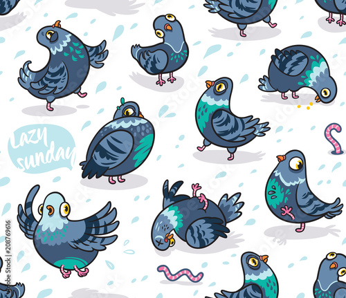 Seamless pattern with cartoon pigeons. Design for wrapping paper, fabric, textile, wallpaper, apparel