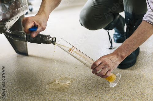 Brewery worker examining beer in beaker