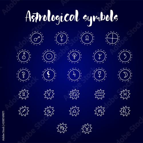 Astrology doodle symbols. Set of astrological graphic design elements.