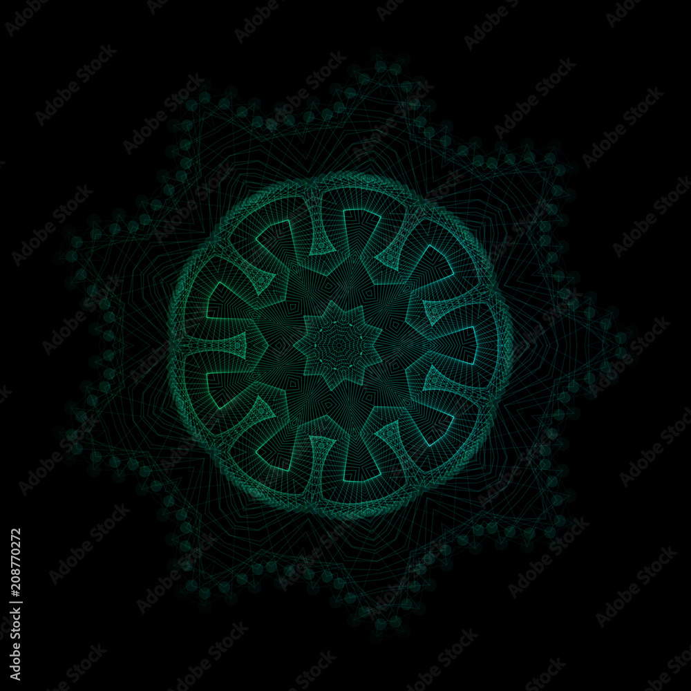 Mandala, oriental vector ornament. Abstract linear flower. Indian, ethnic round drawn pattern. Vector circular geometric illustration on black background.