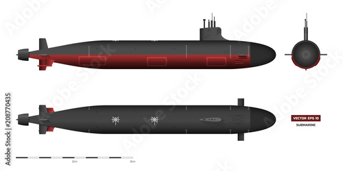 Detailed image of submarine. Military ship. Top, front and side view. Battleship model. Industrial drawing. Warship in realistic style