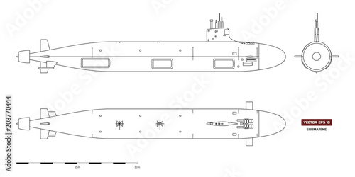 Blueprint of submarine. Military ship. Top, front and side view. Battleship model. Industrial drawing. Warship in outline style