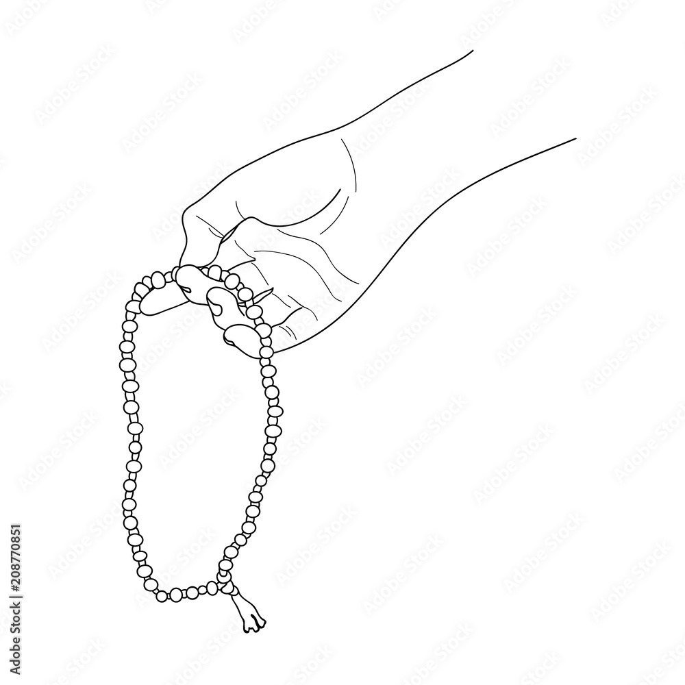 Prayer beads in a hand. Counting in tasbih. Japa Mala meditation. Contour  drawing. Vector illustration. Stock Vector