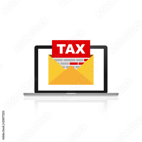 Envelope mail with tax document icon with laptop. Vector stock illustration.